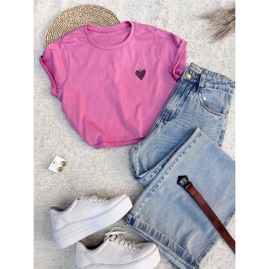 Cropped Liso Basica T-shirt curto feminina tecido algodão 100% Gola Careca simples Estampa coração