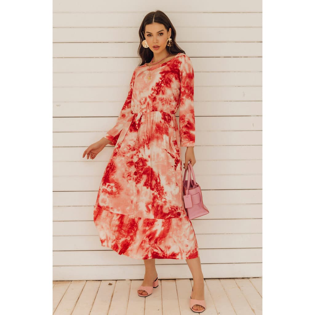 CYNDRA Vestido Longo Manga 7/8 Gola U Tie Dye Hippie Tendência Moda