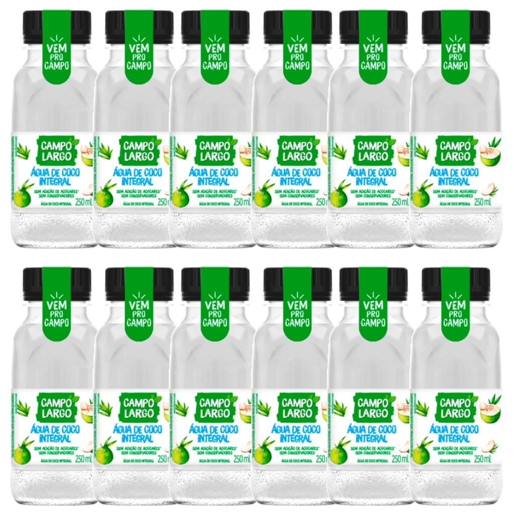 Kit 12x Água De Coco Integral Campo Largo Garrafa 250Ml Natural Sem Conservante Fardo