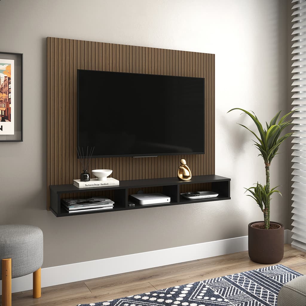 Painel para Tvs até 50 polegadas Sol Prateleiras nicho quarto sala escritório - Preto - Prado móveis