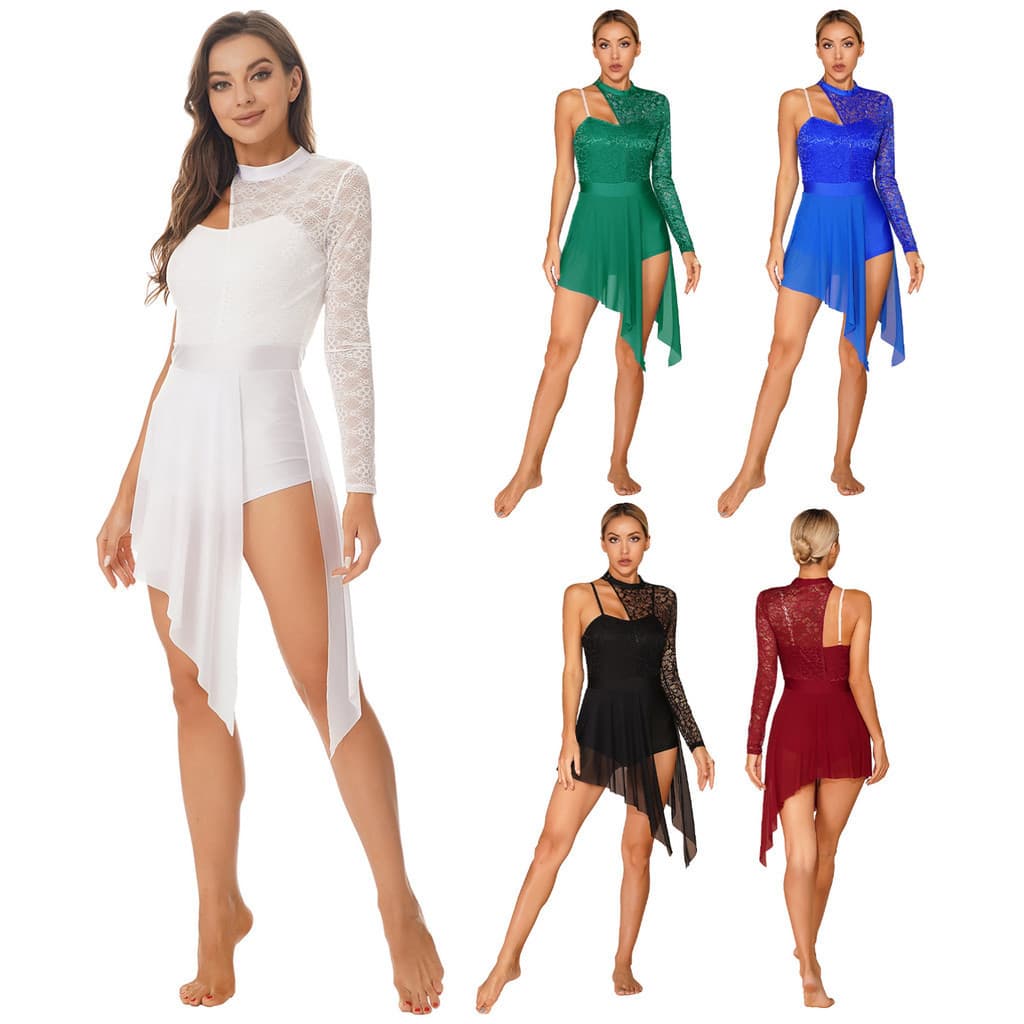 Feminino Fashion D Renda Patchwork Com Um Ombro Collant Dividido Malha Transparente Bainha Assimétrica Vestidos De Dança