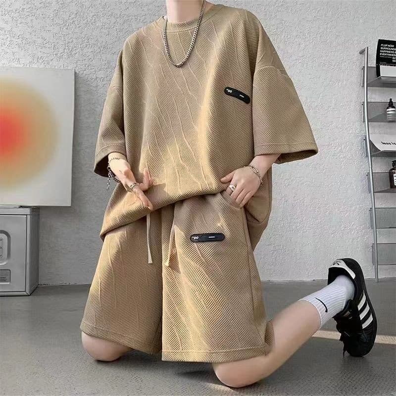 Terno Premium Masculino i Moda Casual Pesado Jacquard Solto Street Wear Esportes Curto#现货高级套装男士 I Moda Casual Pesado Jac