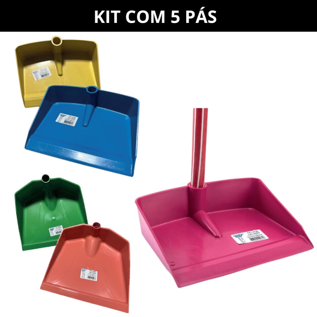 Pás de Lixo com Cabo - Kit 5un Econômico Cores Sortidas Tamanho Médio