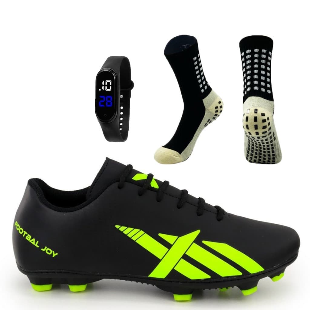 Kit Chuteira de Futebol Sola Campo Pião Trava Sola Costurada + Meia Antiderrapante + Relógio