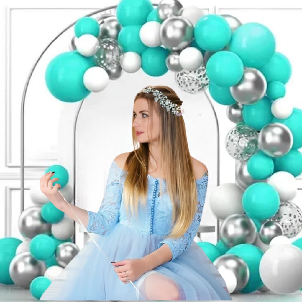 Kit 120 Balões Bexiga Prata Tifanny Cinza Branco Arco Desconstruido+Fita Festa Decoração Aniversario