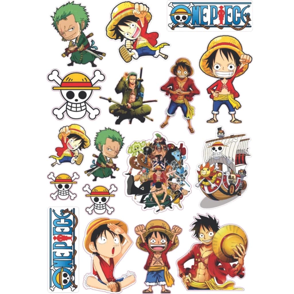 Kit Cartela 17 Adesivos One Piece Luffy Zoro em Vinil Premium para Moto Carro Caderno Parede