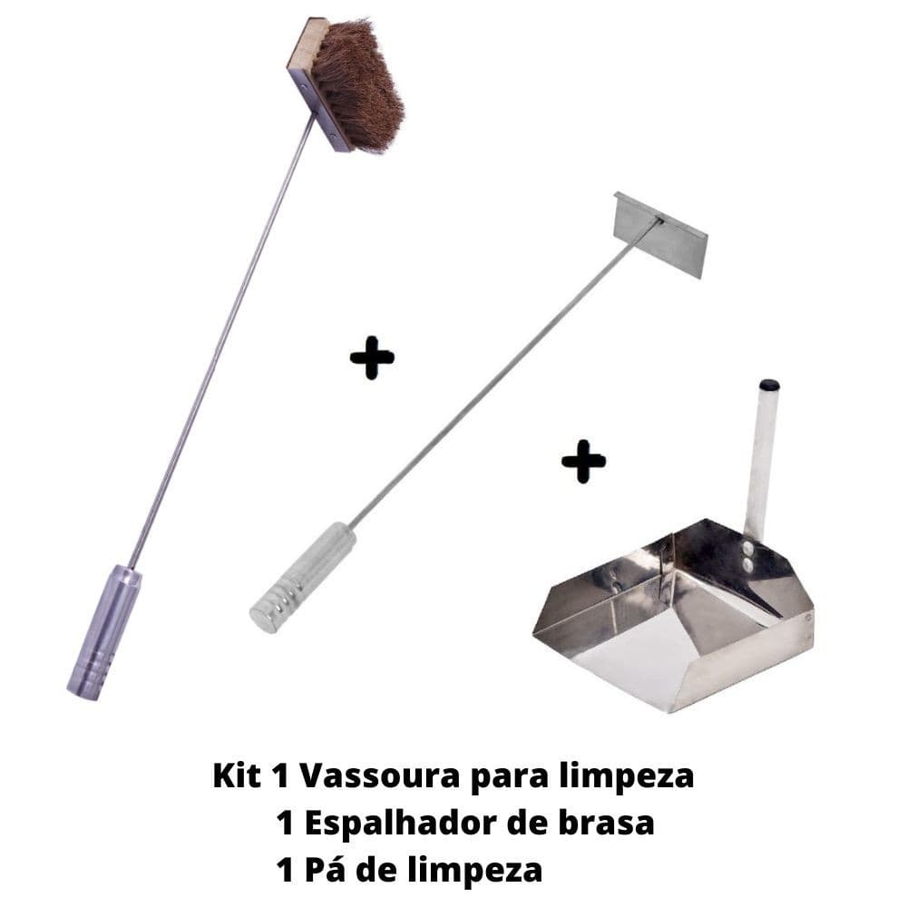 Kit Espalhador Rastelo de Brasa + Vassoura de Limpeza + Pá de Limpeza Inox Qualidade Premium