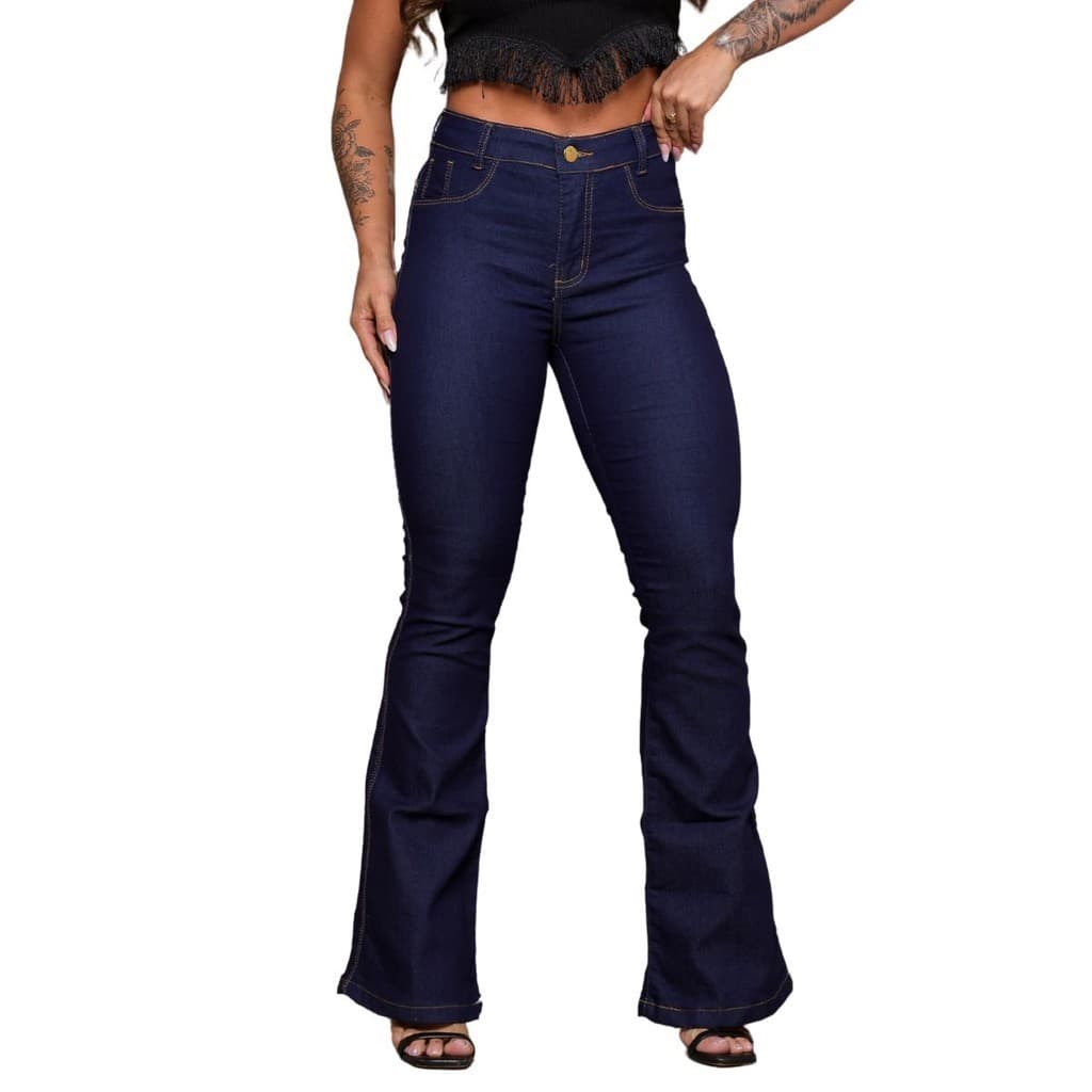 Calça Jeans Feminina Flare Cos Alto Levanta Bumbum Com Lycra Boca De Sino