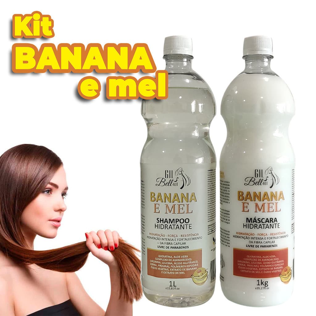 Kit Shampoo e Máscara de Hidratação Profissional Banana E Mel 1kg Queratina Aloe Vera e Aminoácidos