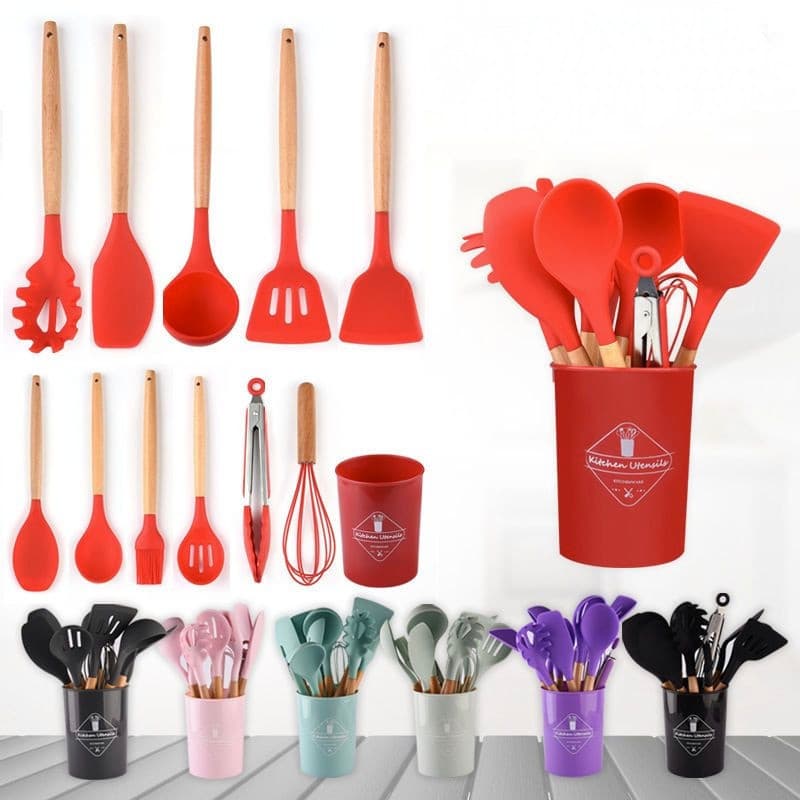 Kit 12  conjunto utensílios Silicone De Cozinha Colher escumadeira concha escumadeiras fouet espatula de cozinha pegador de macarrao
