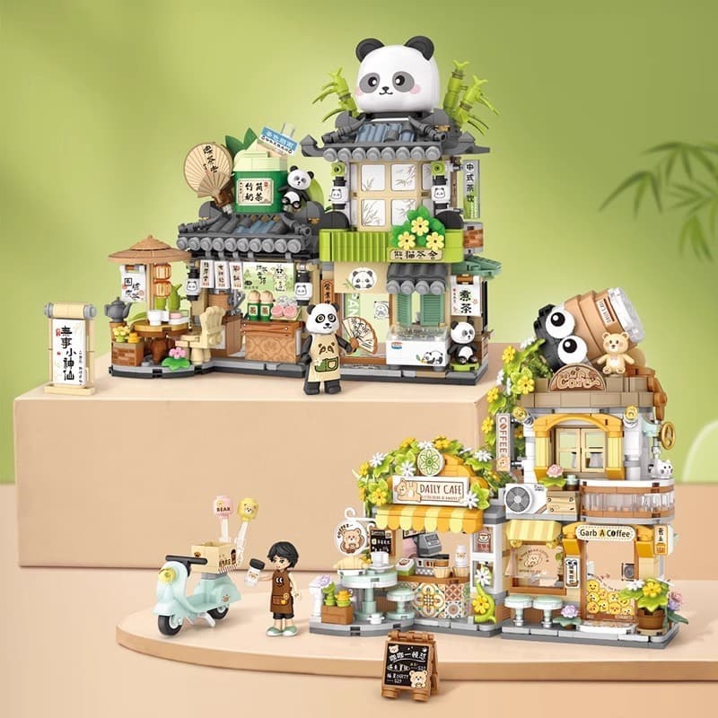 Loz 1382 Cafeteria De Ursos Panda Teahouse Folding Street View Maré Nacional Pequeno Bloco De Montagem De Partículas Brinquedo