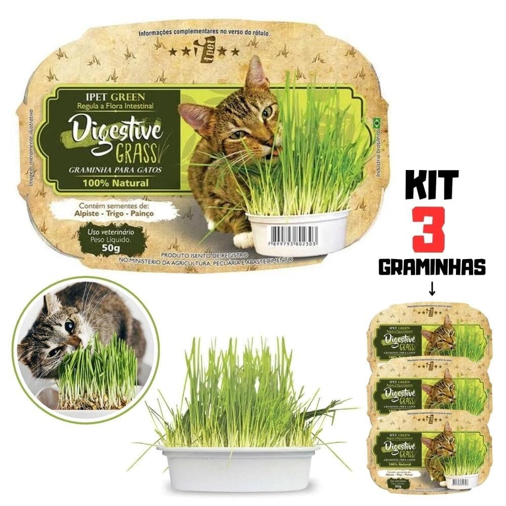Kit 3 Graminha para Gatos Ipet Green Digestive Grass 50g
