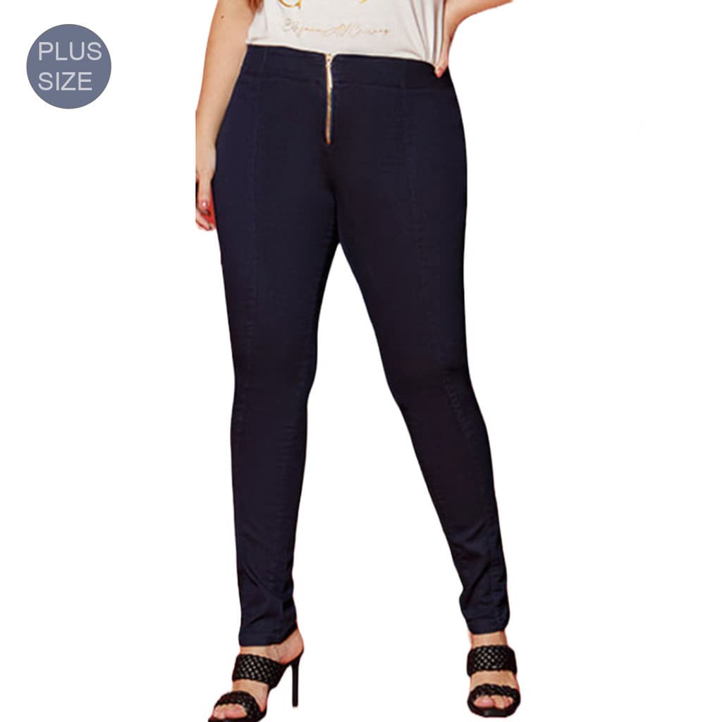Calça Jeans Plus Size feminina com Zíper frontal detalhe Pesponto tamanho grande do 46 ao 52 cintura alta com elastano