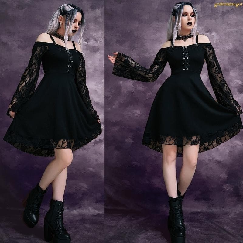 gotitonmegot Goth Lace Patchwork Flare Sleeve Swing Dress Cold Shoulder Strappy A-Line Aesthetic