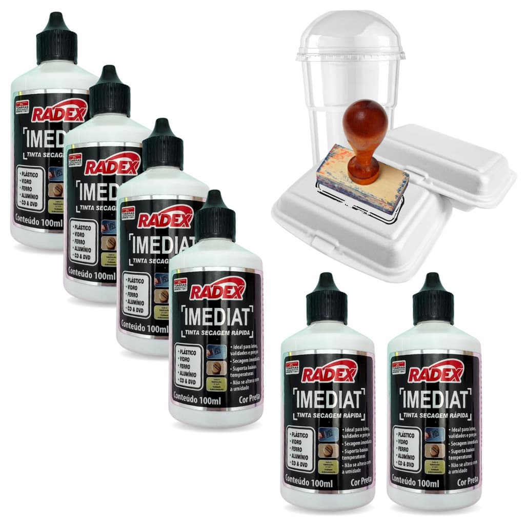 Kit 6 Unidades Tinta Para Carimbo Secagem Rápida Para Plástico 100ml Radex