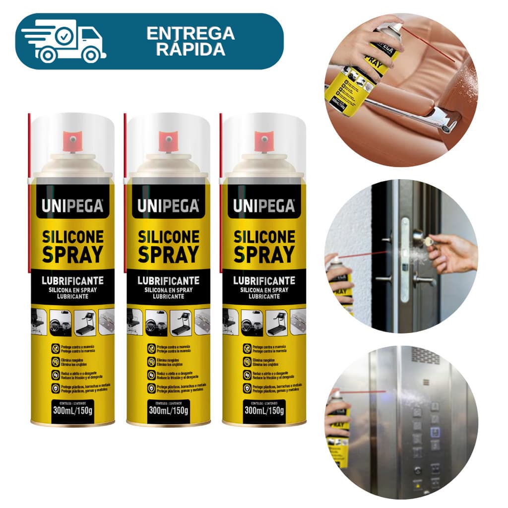 Kit 3 Silicone Spray Lubrificante 300ml Unipega Multiuso Protege Elimina Rugidos Brilho Couro Carro