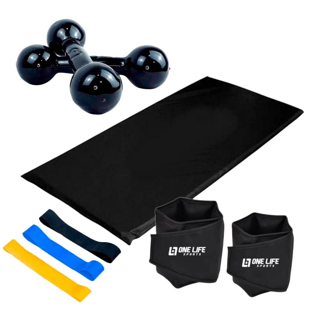 Kit Fitness em Casa - Colchonete + Kit Mini Band + Par Peso Halter 3 Kg + Caneleira 3 Kg- Par