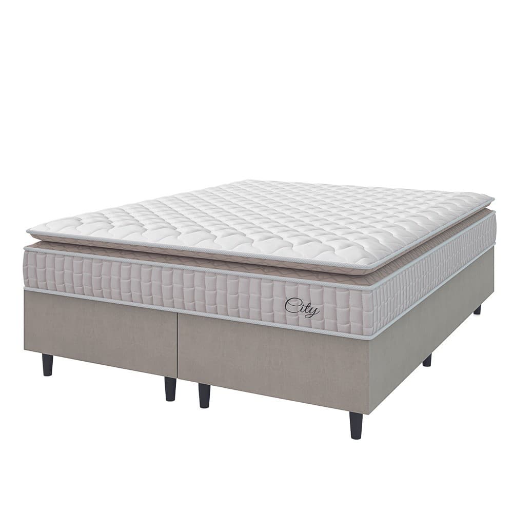 Cama Box Colchão Casal Queen Molas Ensacadas City Pillow Top 158x198x61cm Branco / Bege Hellen