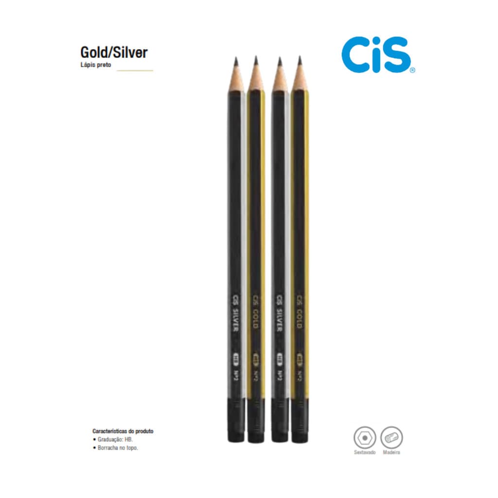 Lápis de Escrever com Borracha Gold Silver HB Cis Kit com 4 Lápis