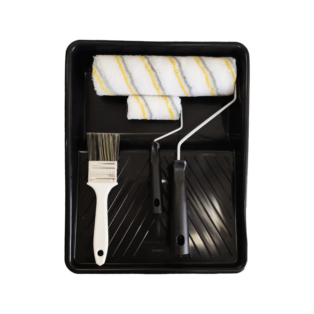 Kit Pintura 5 Peças Rolo de Lã Polipop 23cm + Garfo Suporte de Pressão 23cm + Rolo de Lã Polipop 9cm c/ Cabo + Trincha Sintética Gris 2" Branca + Bandeja Grande (Ref.: 0.925) - Pincéis Compel