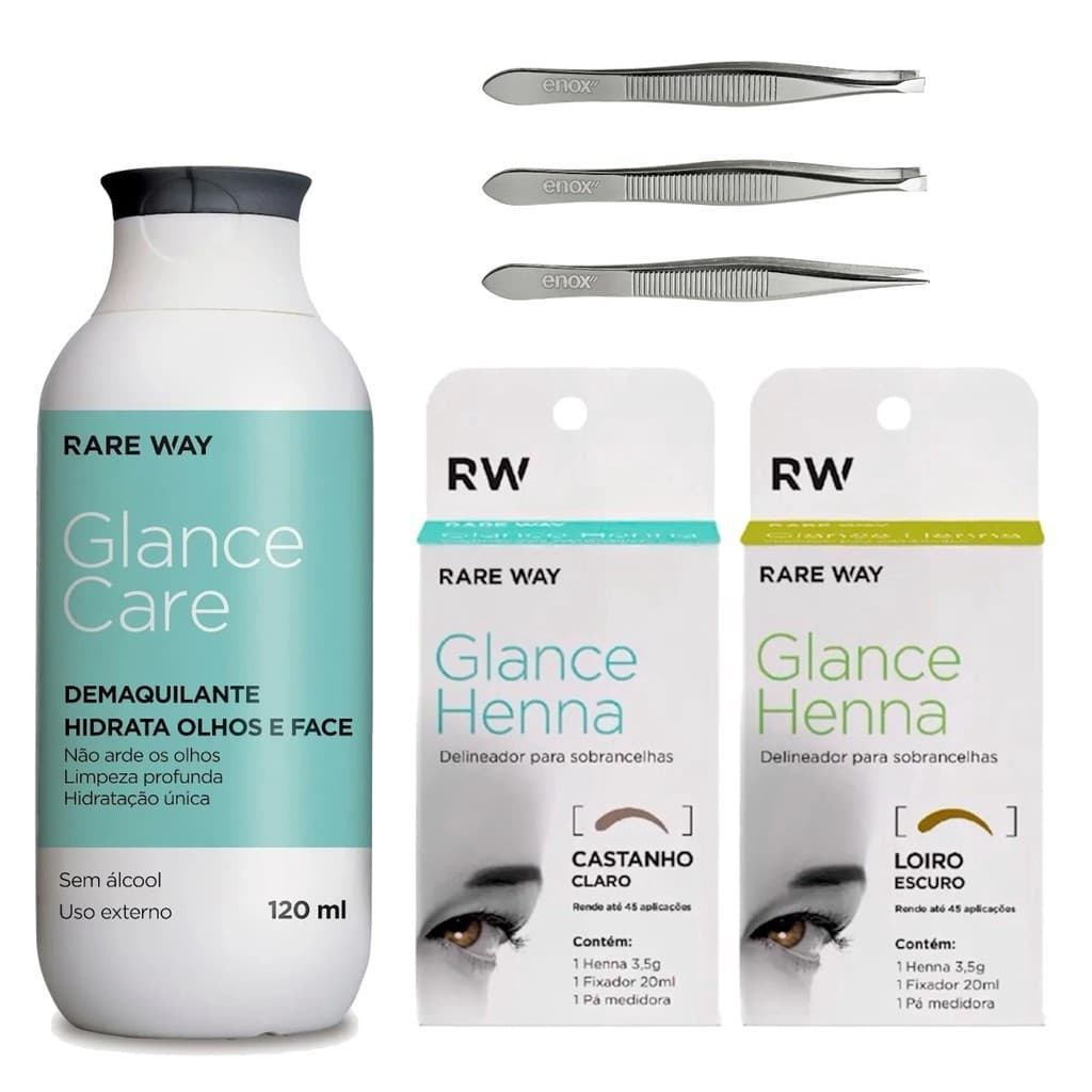 Kit Glance Demaquilante + 2 Hennas e 3 Pinças