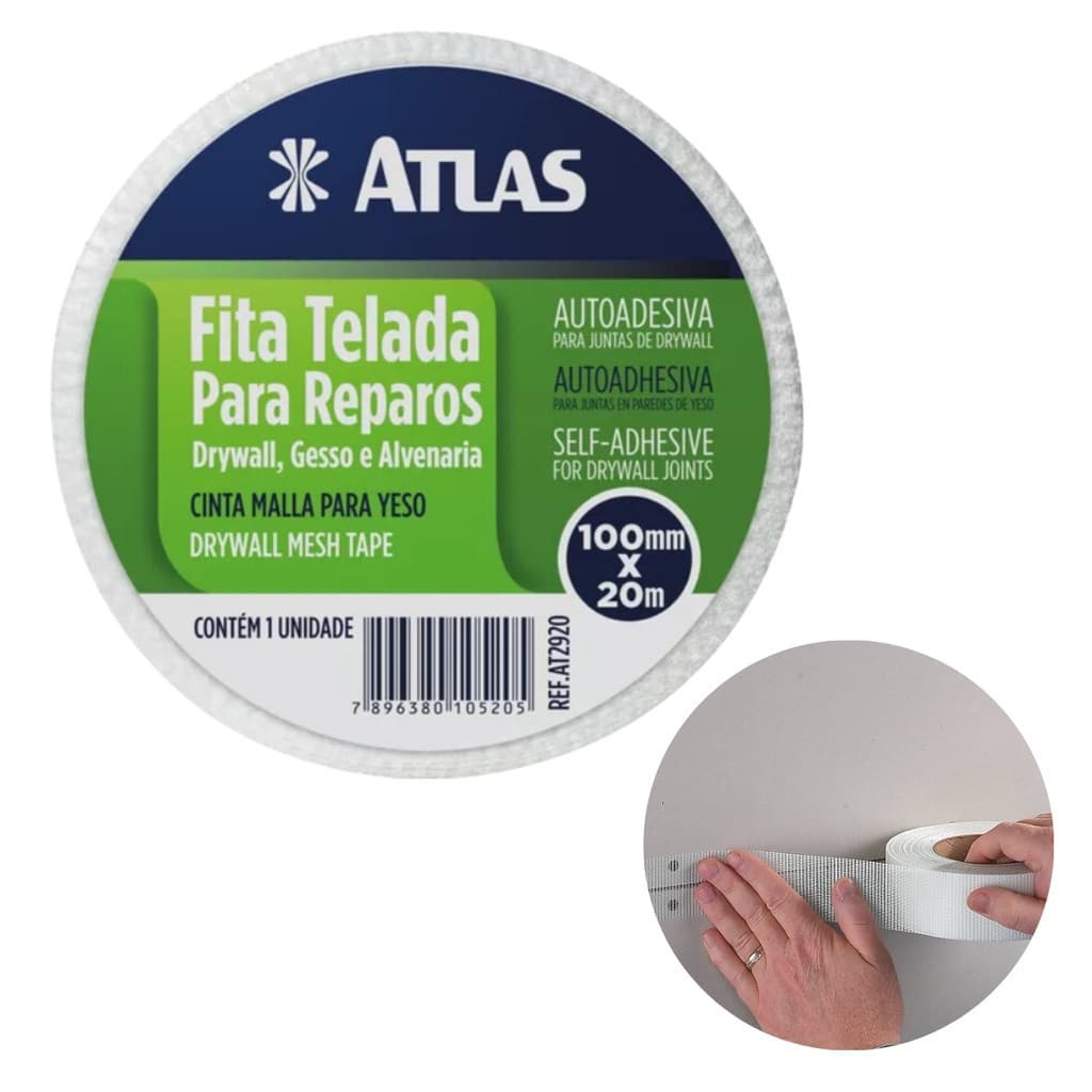 Fita Telada Drywall Gesso Alvenaria Autoadesiva 100mm X 20m Atlas Fibra de Vidro Reparo Trincas Parede