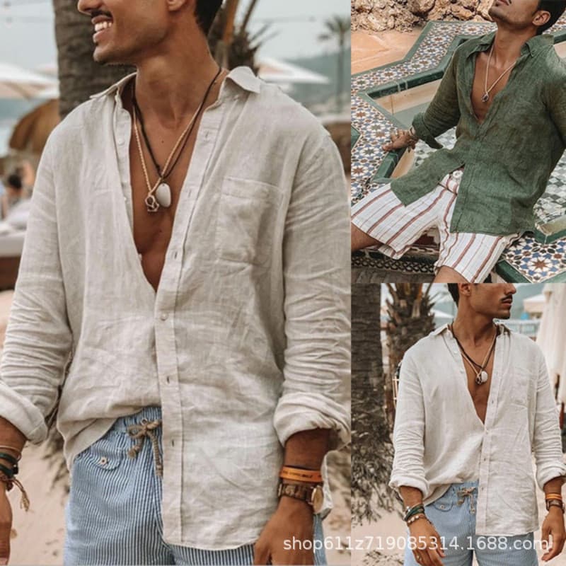 Algodão solto casual de homens e camisa de linha, camisa de homens colar de praia de homens cardigão de manga longa