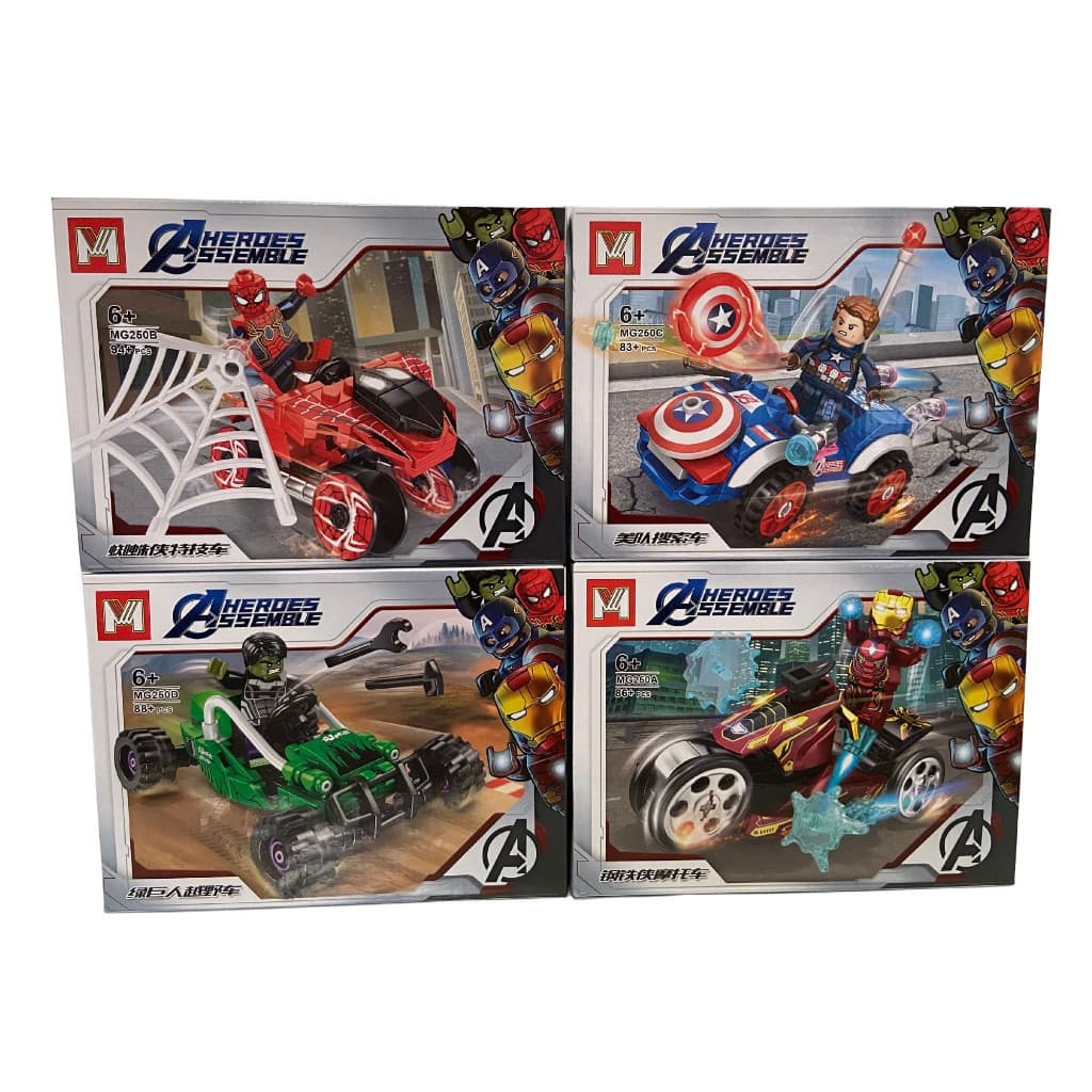 blocos de montar  com carro vingadores homem aranha, hulk, capitão e homem de ferro