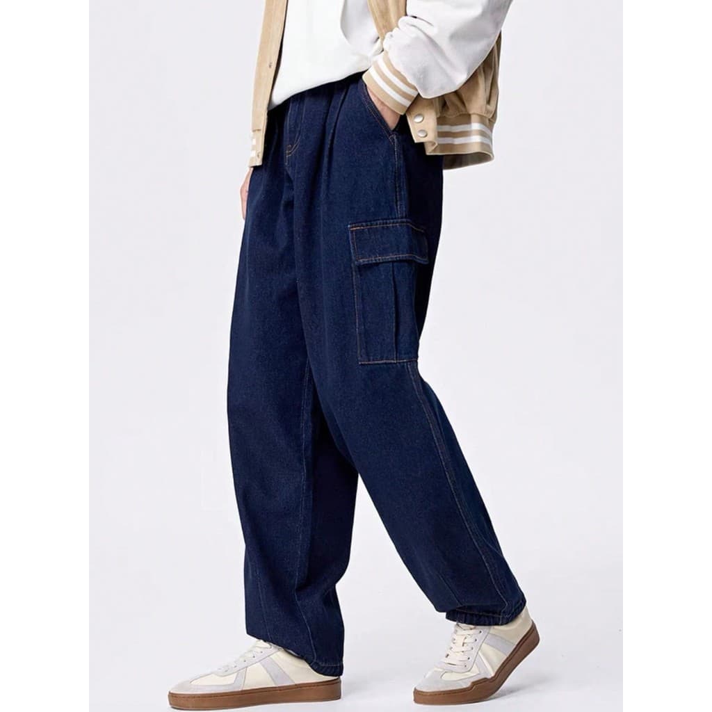 Calça JEANS CARGO Com BOLSO lateral cintura ajustável Largo comprido Unisex