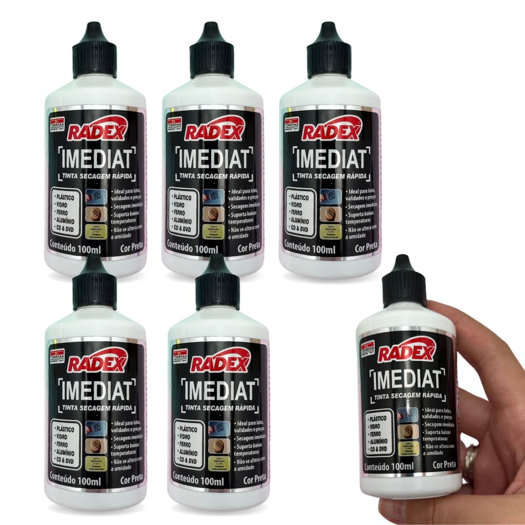 Kit 6 Tinta Para Carimbo Secagem Rápida P/ Plástico 100ml Radex Cor Preta