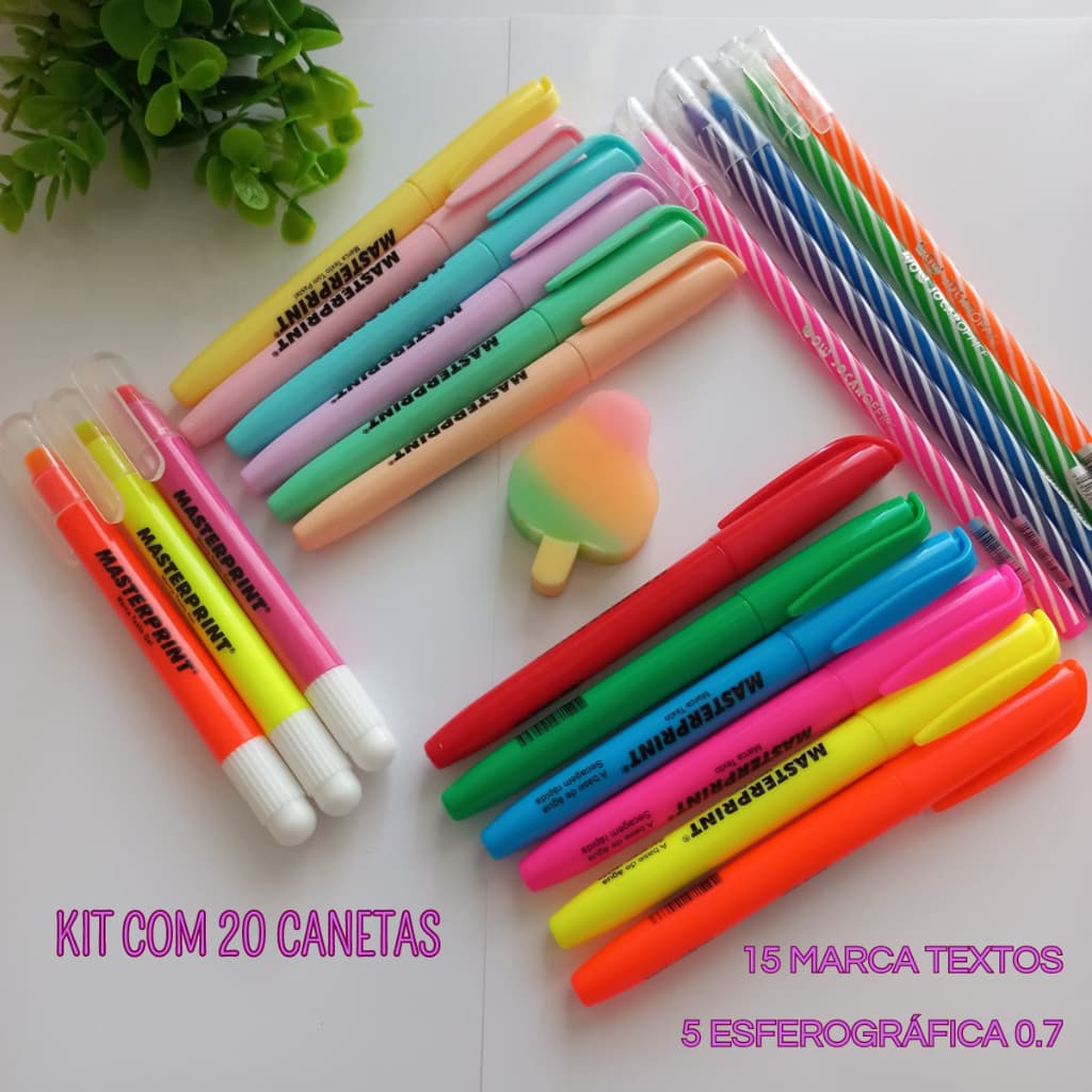 15 Canetas Marca Texto (6 Neon + 6 Pastel + 3 Gel) + 5 Caneta Esferográficas Jocar 0.7 Tipo Spiro
