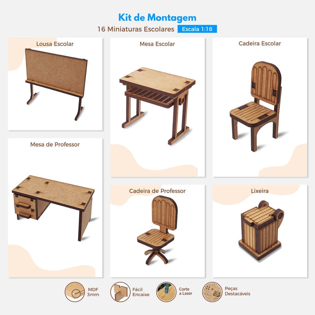 Kit de Montagem 17 Miniaturas Escolares Sala de Aula Escala 1:18 Maquete Diorama Puzzle 3D