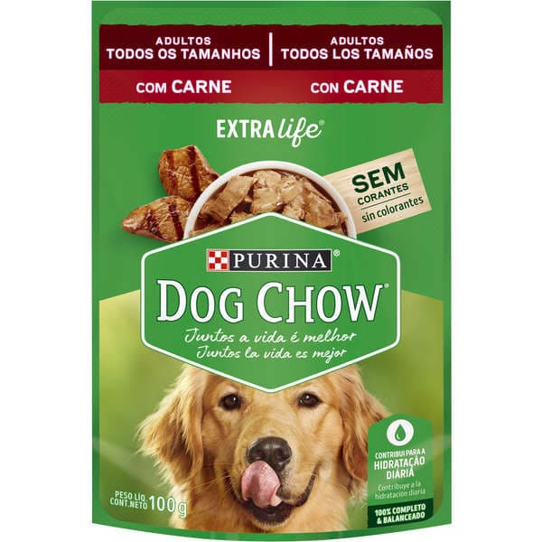 Ração úmida Dog Chow Adultos - Raças Médias e Grandes - Sabor Carne - Sachê 100g - Caixa Fechada com 15 unidades.