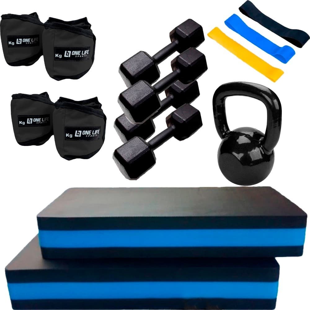 KIT MINI BANDS + 2 STEP + 2 PARES DE CANELEIRAS + 2 PARES DE HALTERES + KETTLEBELL 4KG