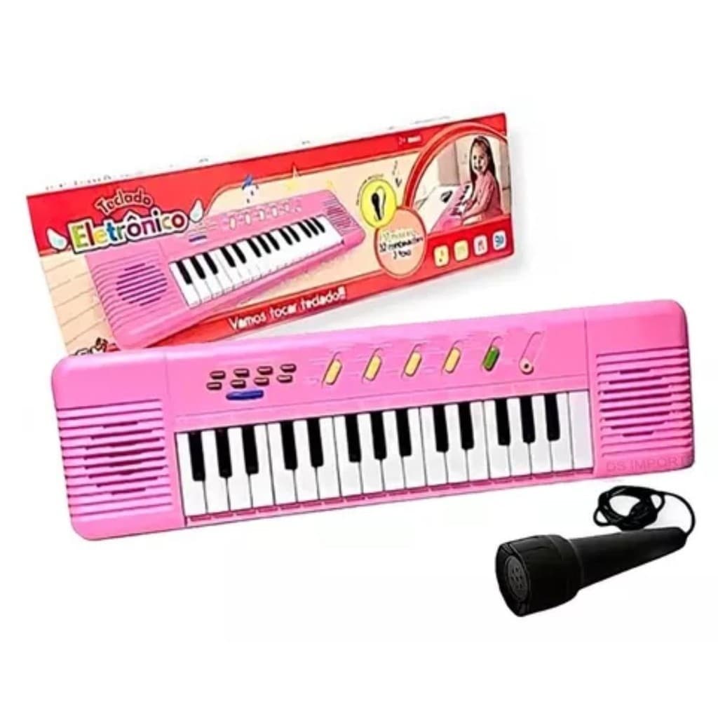 Piano Teclado Infantil Eletronico C/ Microfone Pilha Rosa