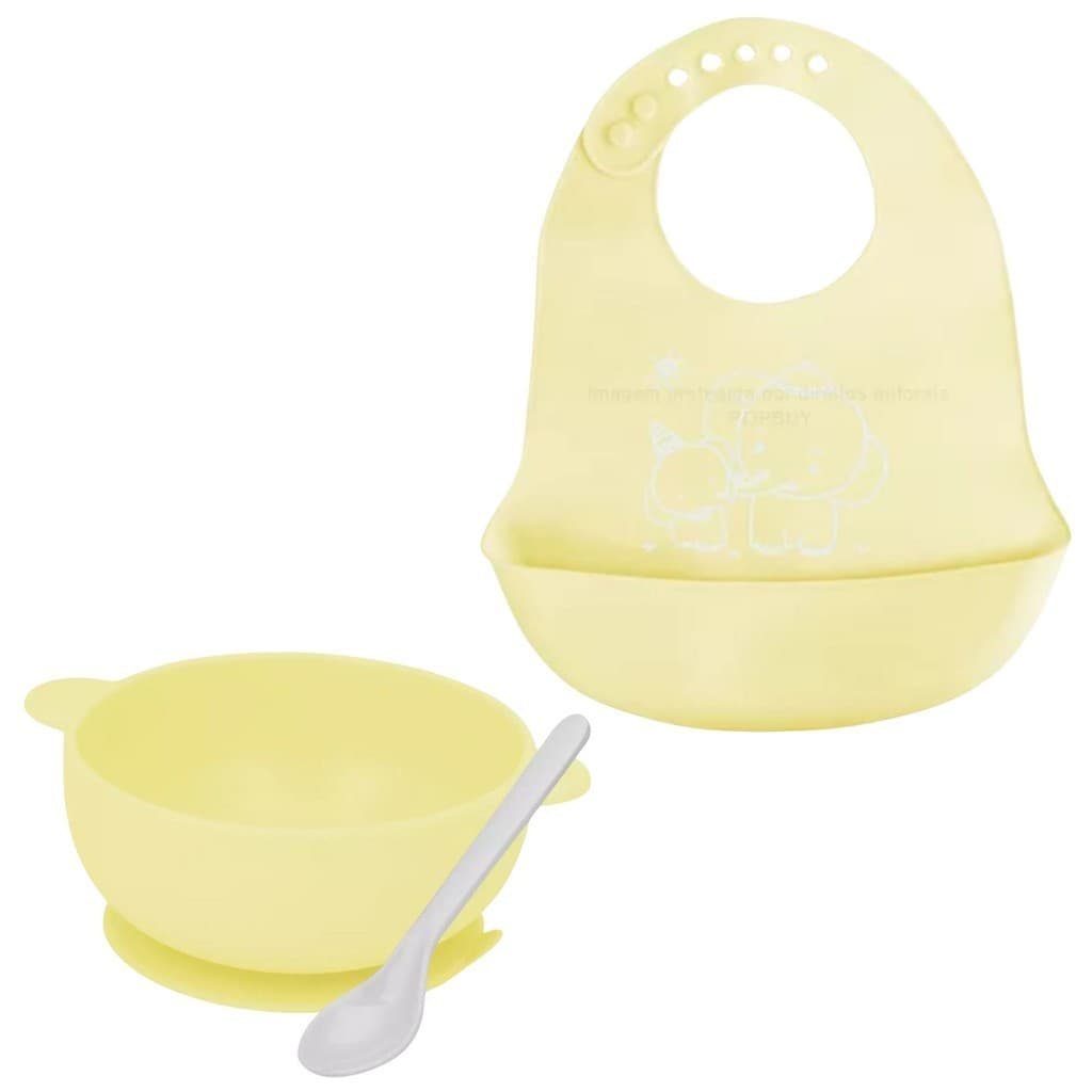 Conjunto Tigela E Babador Feito Em Silicone Infantil Amarelo