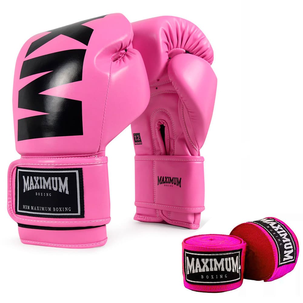 Luva MXM Muay Thai Boxe Maximum Rosa + Par De Bandagem Rosa 5m