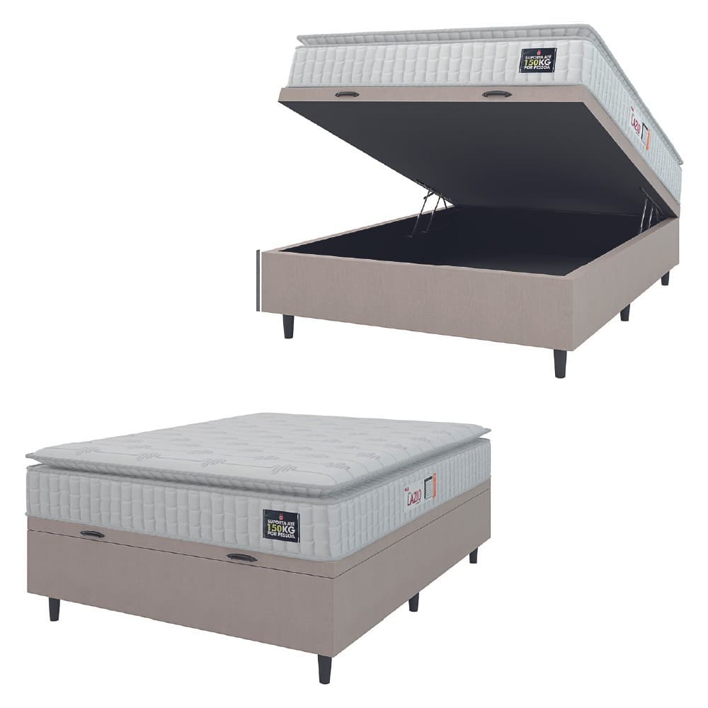 Cama Box Baú Colchão Casal Espuma D45 Lazio Pillow Top 138x188x70cm Branco / Bege Hellen