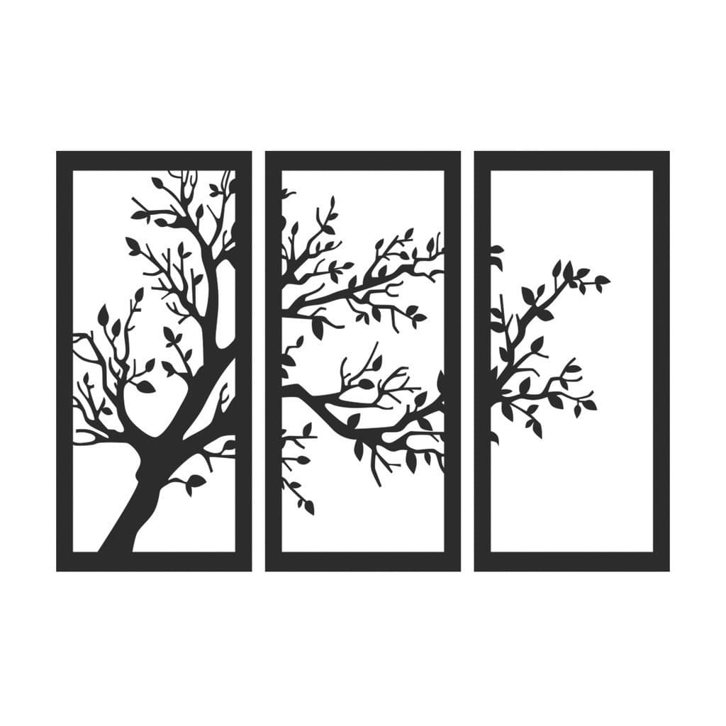 Quadro Decorativo Árvore na Janela Trio de Painéis MDF 3mm Preto Fosco