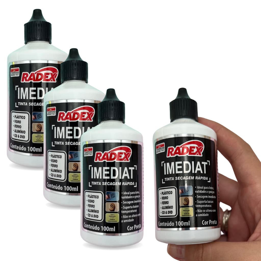 Kit 4 Tinta Para Carimbo Secagem Rápida P/ Plástico 100ml Radex Cor Preta