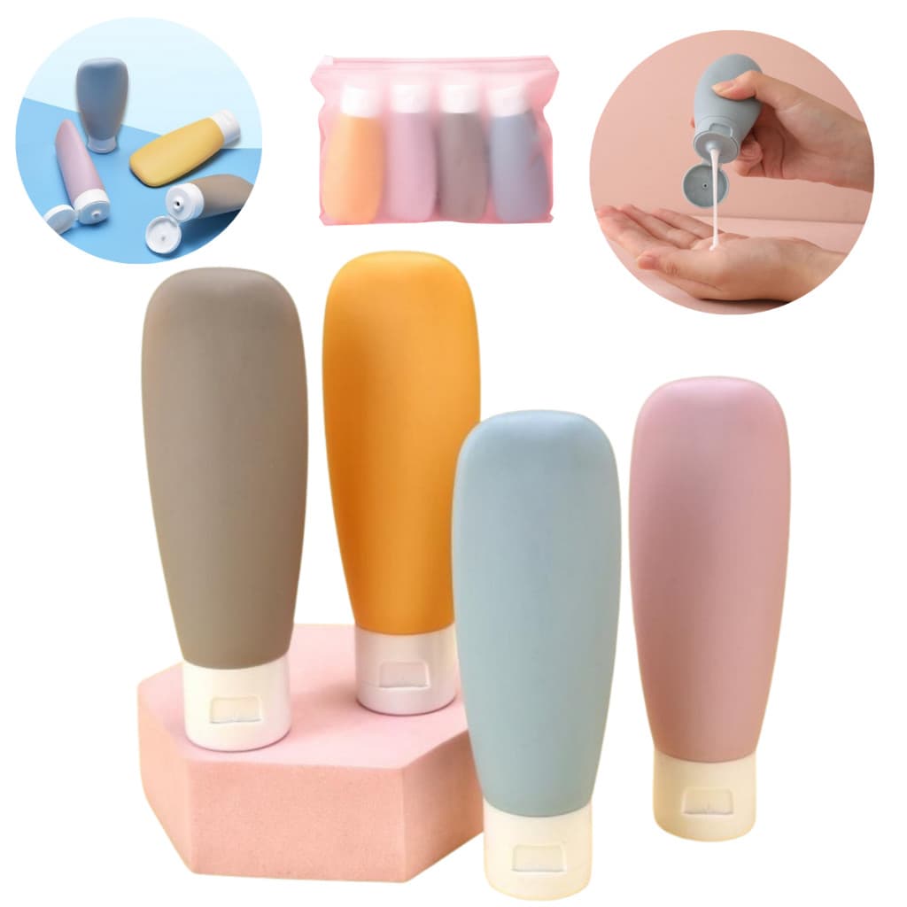 Kit Viagem 4 Frascos Reutilizáveis de Plástico e Silicone Shampoo Condicionador Portátil