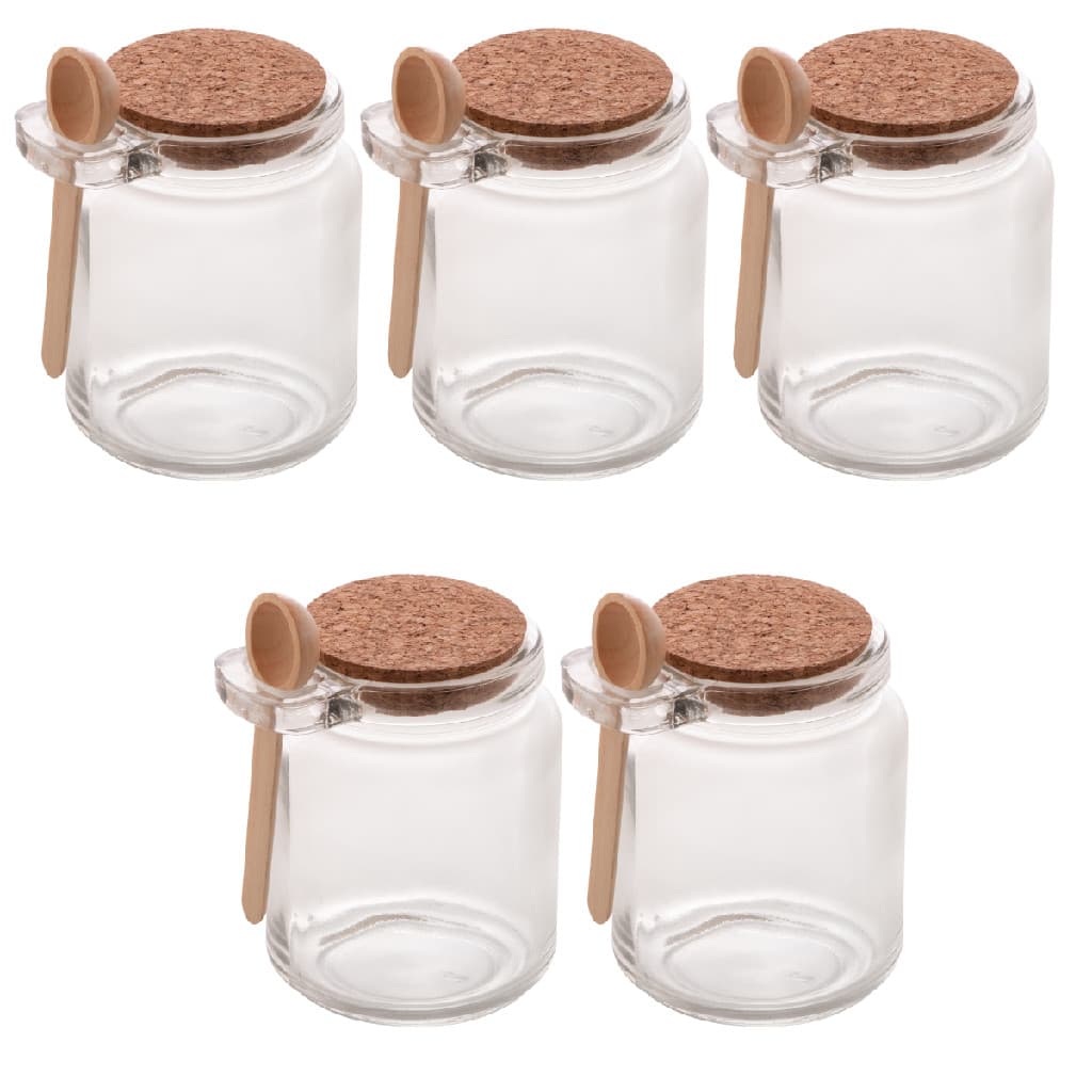 Kit 5 Potes De Vidro Colher Bambu E Tampa Rolha 240ml Vela