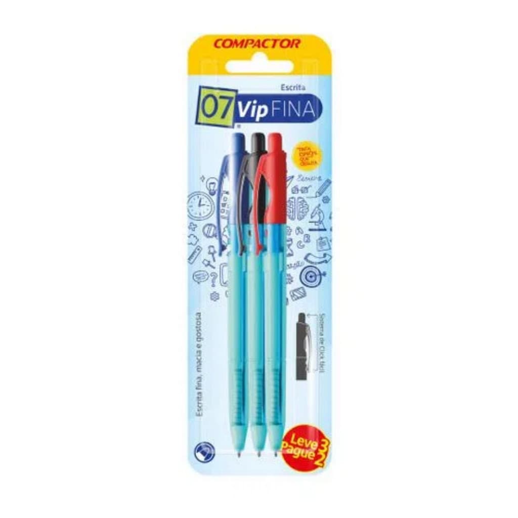 Caneta Esferográfica 07 Vip Escrita Fina Azul, Preta E Vermelha