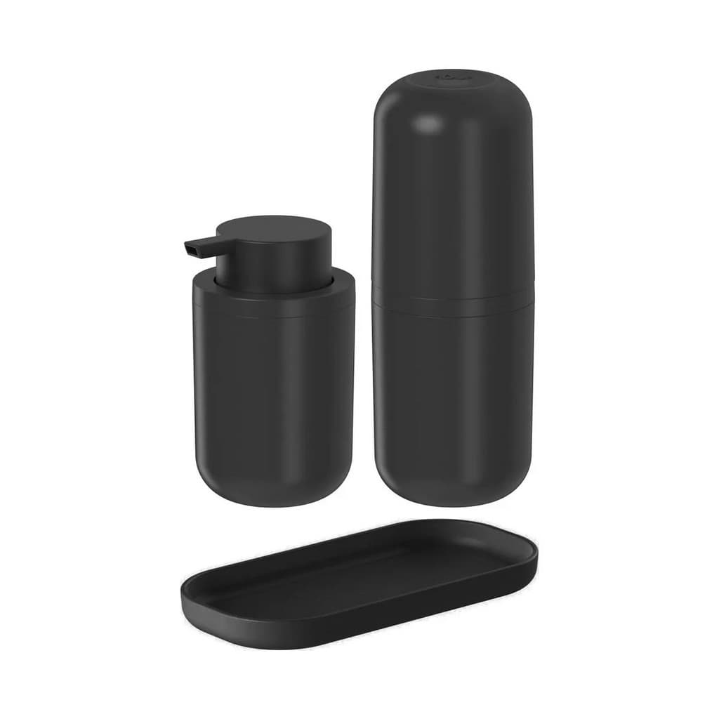 Conjunto 3 Peças para Banheiro Bold - Preto | OU Martiplast | Kit Porta Escova Dente Pasta Sabonete Líquido Bandeja Organizador Pia