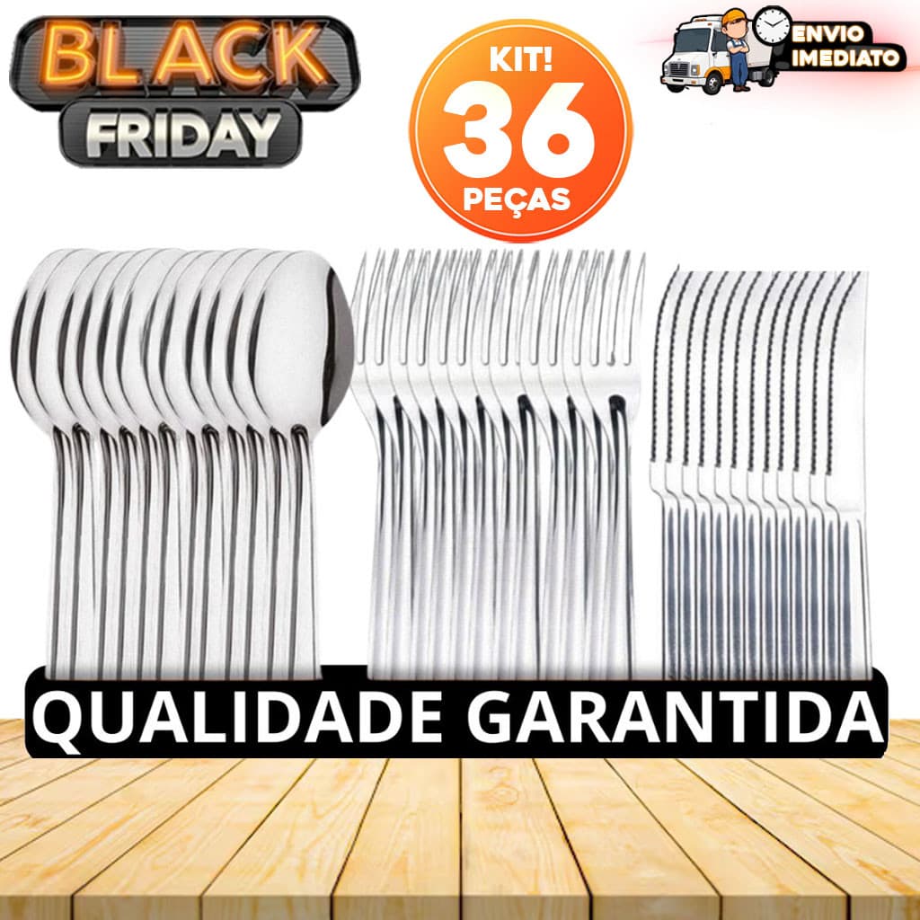 Jogo de Talheres 36 Peças em Aço Inox - 12 Facas, 12 Garfos e 12 Colheres de Mesa para Casa e Cozinha