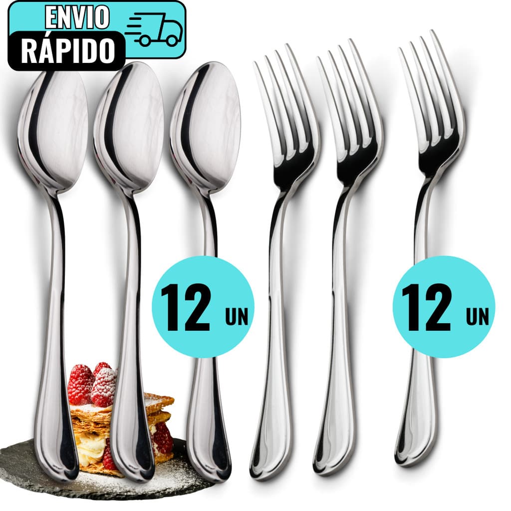 Conjunto de 12 Garfos 12 Colheres De Sobremesa em Aço Inox Para Doces Bolos Restaurantes Lanchonetes