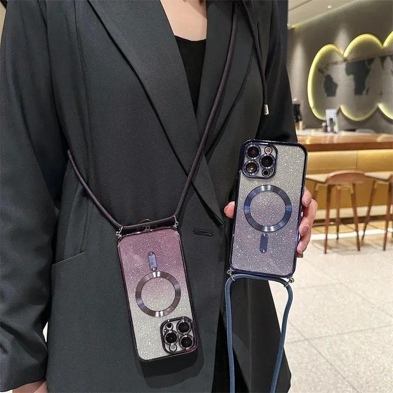 iPhone 14 11 13 12 15 Pro Max Plus Crossbody Lanyard Gradient Glitter Capa Magnética De TPU Macia Tampa Traseira