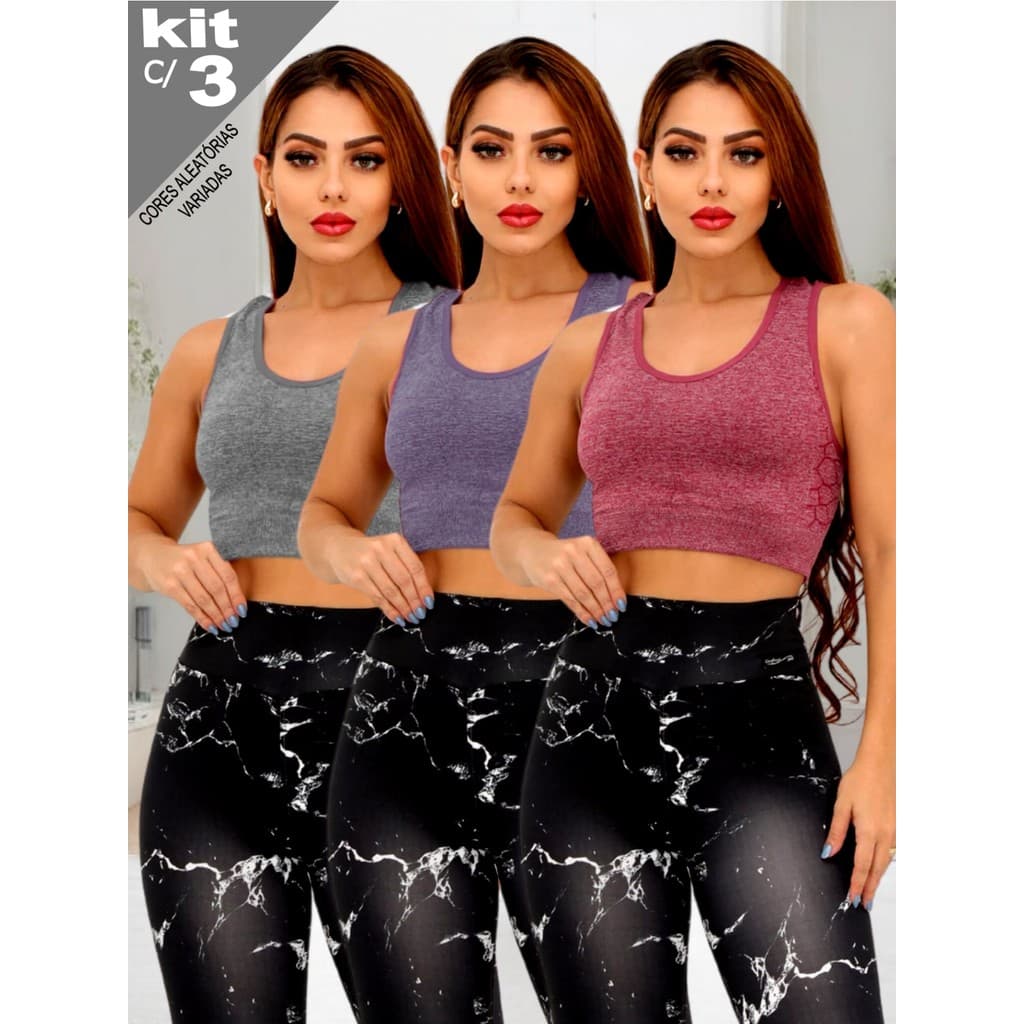 KIT 3 PEÇAS TOP NADADOR FEMININO ACADEMIA FITNESS CROPPED YOGA SPORT CORRIDA TREINO