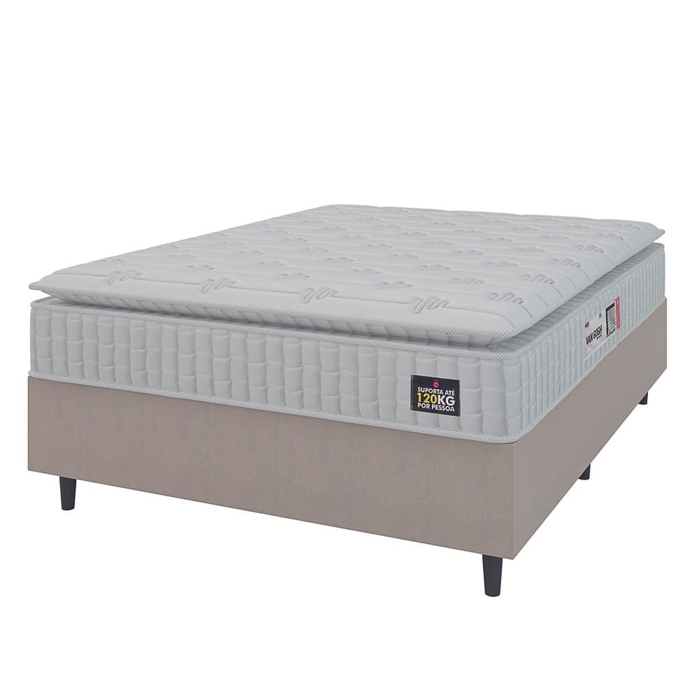 Cama Box Colchão Casal Espuma D33 Vangogh Pillow Top 138x188x67cm Branco / Bege Hellen - Suporta até 120kg por Pessoa