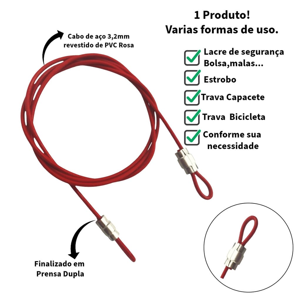 Lacre Segurança em Aço 35cm Bolsa Bike Capacete Reutilizavel - Vermelho